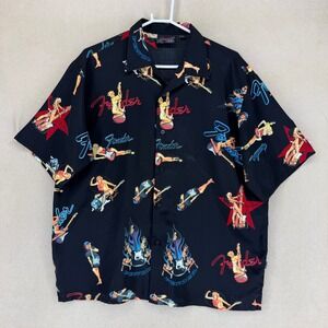 Fender The Collection DaVinci Mens Black Pin Up Guitar Print Button Up Shirt L